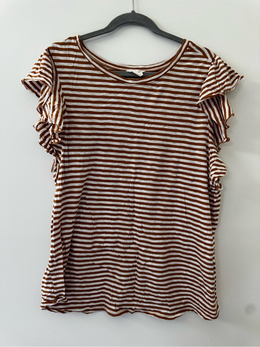 Caslon Brown and White Striped Ruffle Sleeve Tee
